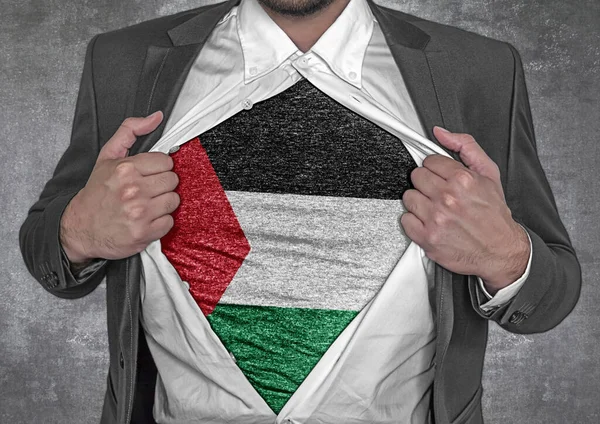 Business Man Show Shirt Flag Palestine Rips Open His Shirt — Stock Photo, Image