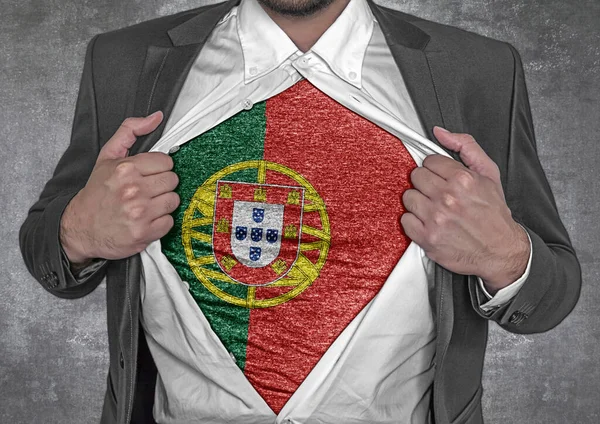 Homem Negócios Mostrar Shirt Bandeira Portugal Rasga Sua Camisa — Fotografia de Stock