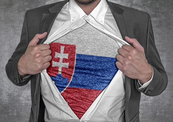 Biznesmen Pokaż Shirt Flaga Słowacji Rozpruwa Koszulkę — Zdjęcie stockowe