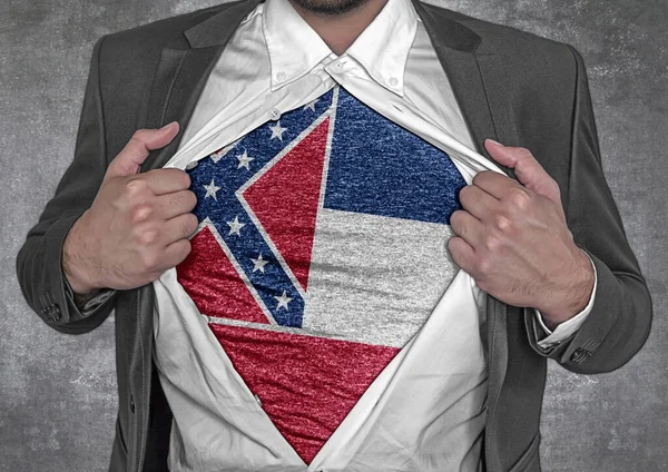 Üzletember Show Shirt Zászló Usa Állam Mississippi Tépi Fel Ingét — Stock Fotó