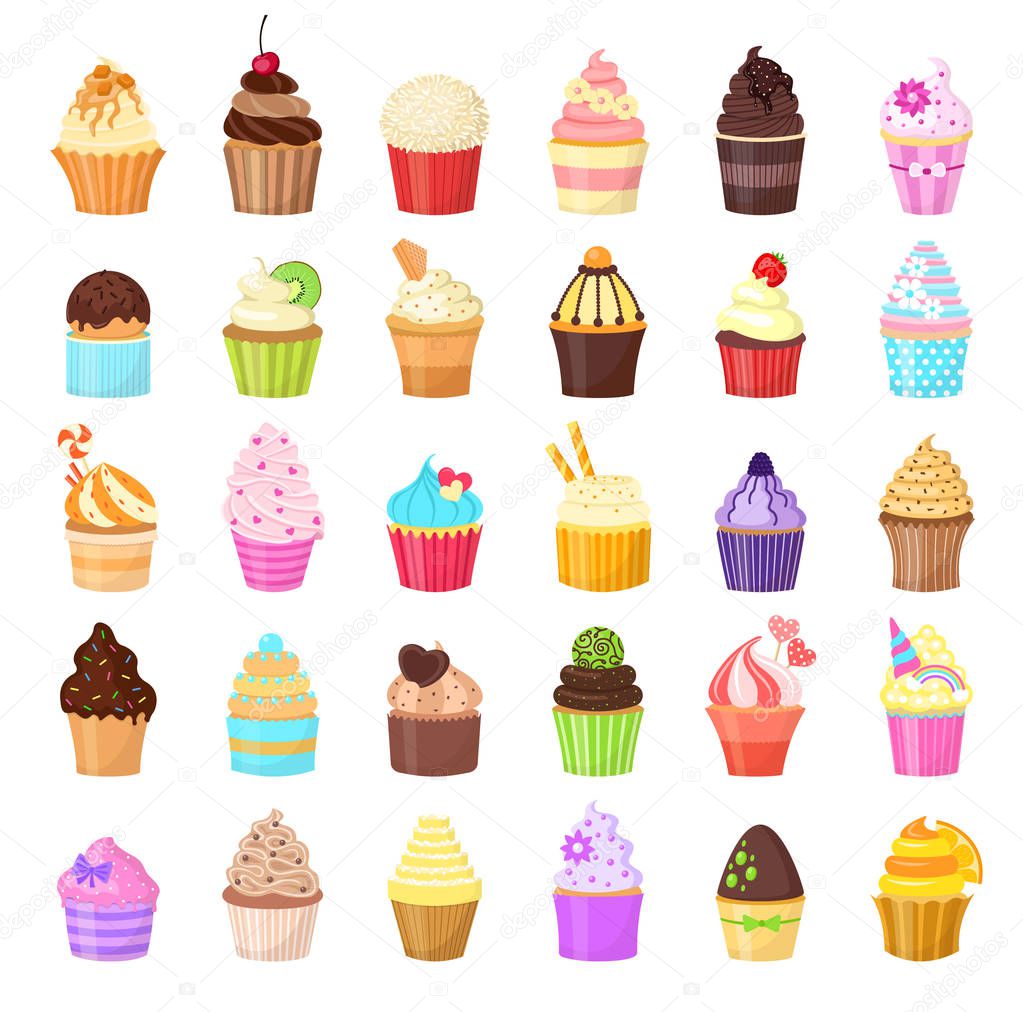 Set of cupcakes on white background. Sweet pastries decorated with fruit, chocolate, sprinkles. Vector illustration.
