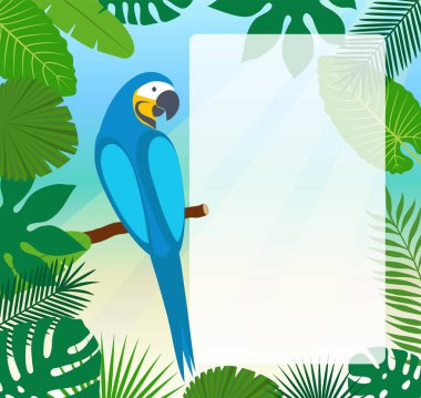 Amerika papağanı papağan ve tropikal palmiye yaprakları. Çerçeve. Vektör çizim.