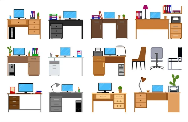 Conjunto Mesa Local Trabalho Mesas Cadeiras Impressoras Computadores Material Escritório — Vetor de Stock