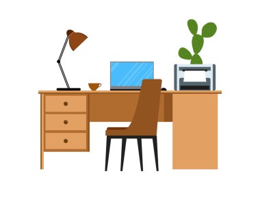 Ofis Masası. Beyaz arka plan üzerinde izole. Düz tasarım. Vektör çizim.