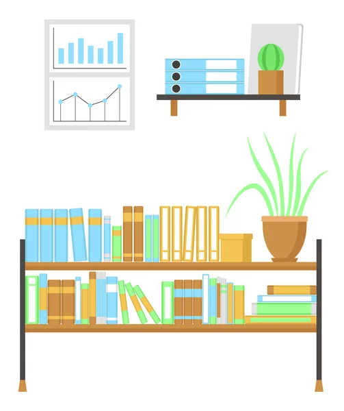 Bokhyllor Kontor Och Bibliotek Interiör Isolerad Vit Bakgrund Platt Design — Stock vektor