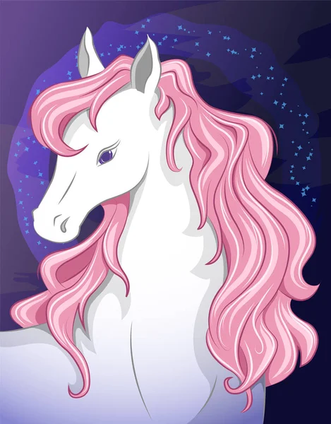 Roztomilý Bílý Kůň Krásnou Růžovou Hřívou Kůňova Hlava Pozadí Noční — Stockový vektor
