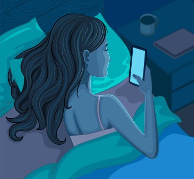Genç bir kadın yatağa uzanıyor ve telefon ekranına bakıyor. Yatak odasında gece aydınlatması. Çizgi film tarzı. Vektör illüstrasyonu.