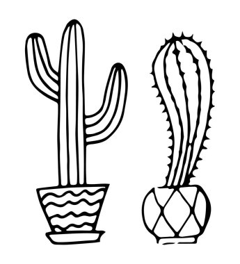 Çiçek saksılarında iki kaktüs. Siyah özet. El çizimi stili. Beyaz bir arka planda izole edilmiş. Vektör illüstrasyonu.