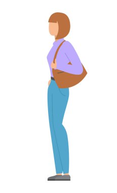 Kadın omzunda bir çantayla ayakta duruyor. Beyaz bir arka planda izole edilmiş. Düz dizayn. Vektör illüstrasyonu.