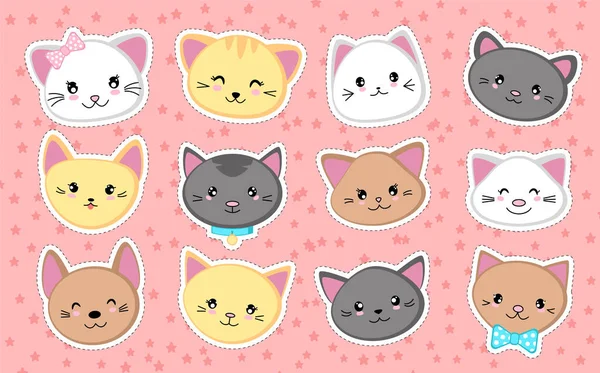 Söta Katthuvuden Samling Kawaii Klistermärken Vektorillustration — Stock vektor