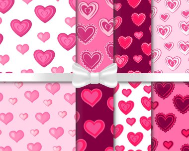 Sevgililer Günü için bir dizi kusursuz desen. Sevimli pembe kalpler aşkın sembolleridir. Vektör illüstrasyonu.