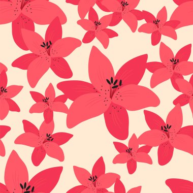 Pembe Lily kusursuz desen. Parlak çiçek arkaplanı. Vektör illüstrasyonu.