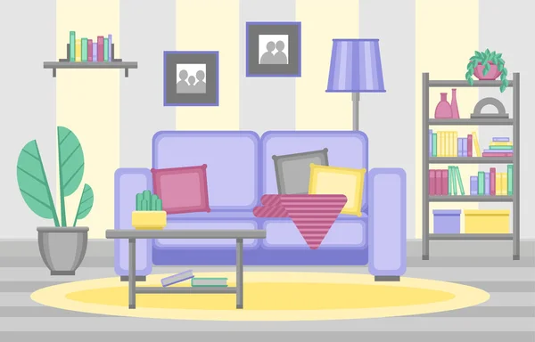リビングルームのインテリア 枕と毛布 コーヒーテーブル 本棚と鉢植えのあるソファ フラットデザイン ベクターイラスト — ストックベクタ