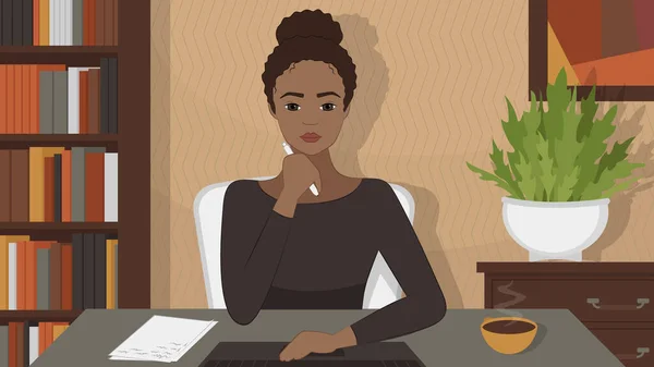 Une Afro Américaine Est Assise Bureau Regarde Moniteur Une Jeune — Image vectorielle