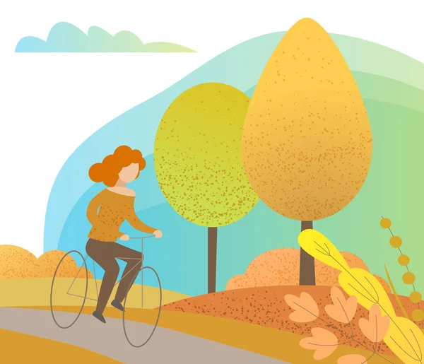 Herfstpark Vrouw Fietst Het Pad Platte Textuur Vectorillustratie — Stockvector