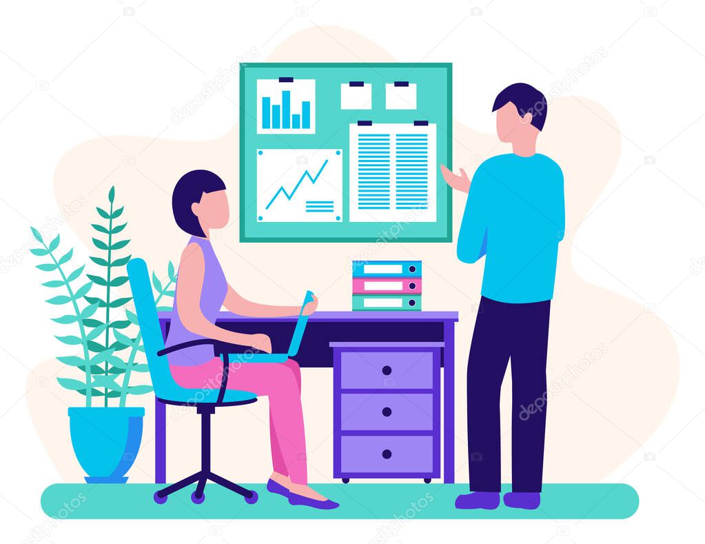 Workflow in the office. Man and woman discuss a development strategy. Business planning. Flat design. Vector illustration.