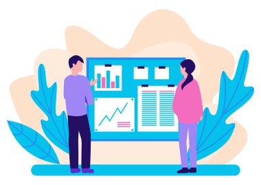 Ofisteki insanlar grafikler ve istatistiklerle tahtaya bakar ve iş planlamasını tartışırlar. Takım toplantısı. Düz dizayn. Vektör illüstrasyonu.