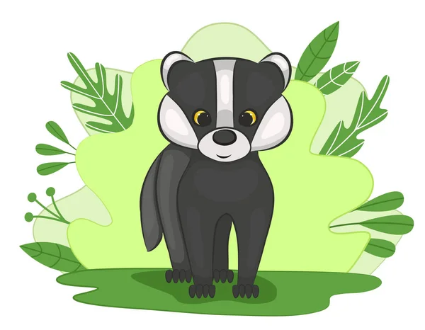 Lindo Cachorro Tejón Claro Del Bosque Fondo Verde Con Follaje — Vector de stock