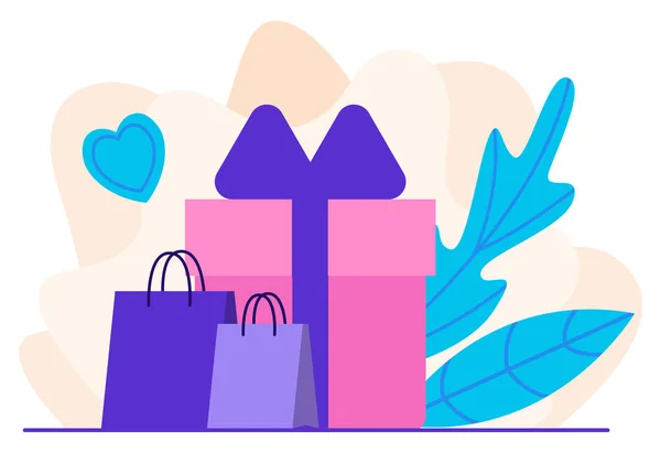 大きなピンクギフトボックスと紙ショッピングバッグ 特別なオファー 購入時の贈り物 コンセプト フラットデザイン ベクターイラスト — ストックベクタ