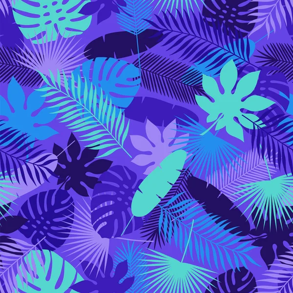 Tropiska Blad Sömlösa Mönster Palmblad Monstera Och Andra Djungelväxter Vektorillustration — Stock vektor