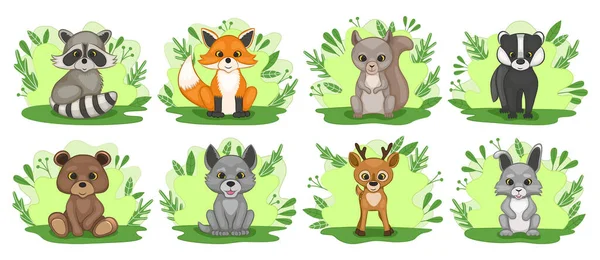 Bir grup sevimli orman yavrusu. Tilki, kurt, ayı, tavşan, rakun, geyik, porsuk, sincap. Çizgi film tarzı. Vektör illüstrasyonu.