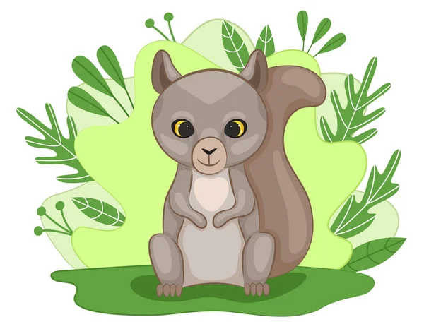 Lindo Cachorro Ardilla Claro Del Bosque Fondo Verde Con Hojas — Vector de stock