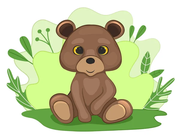 Cute Baby Bear Forest Clearing Background Leaves Plants Cartoon Style — Stock Vector