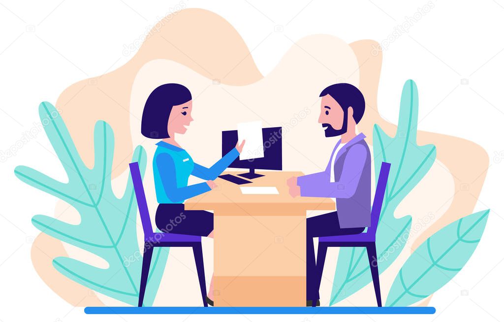 The loan processing. The bank manager prepares the contract with the client. Financial advisor. Flat design. Vector illustration.