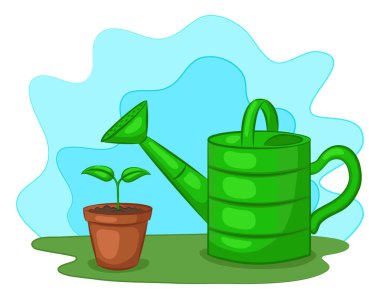 Su kovası ve temizlikte küçük bir filiz. Bahçıvanlık konsepti. Çizgi film tarzı. Vektör illüstrasyonu.