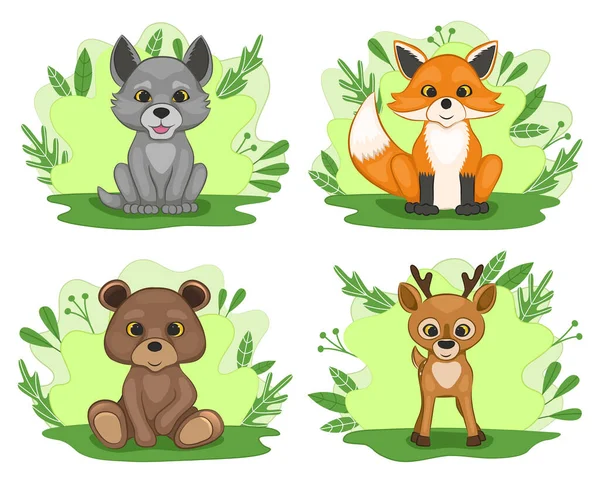Sada Roztomilých Kreslených Mláďat Lesních Zvířat Vlk Liška Medvěd Jelen — Stockový vektor