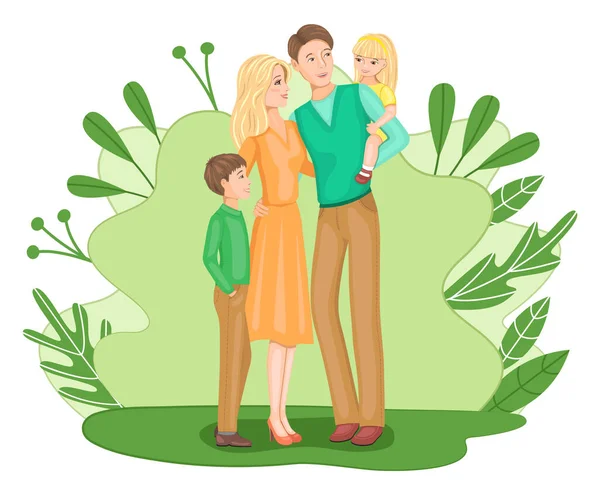 Familia Feliz Parque Padres Dos Hijos Sobre Fondo Plantas Verdes — Vector de stock