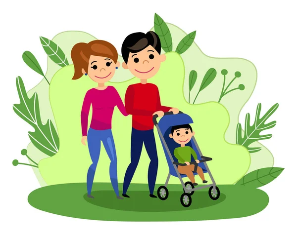 Felices Caminatas Familiares Parque Mamá Papá Hijo Estilo Dibujos Animados — Vector de stock