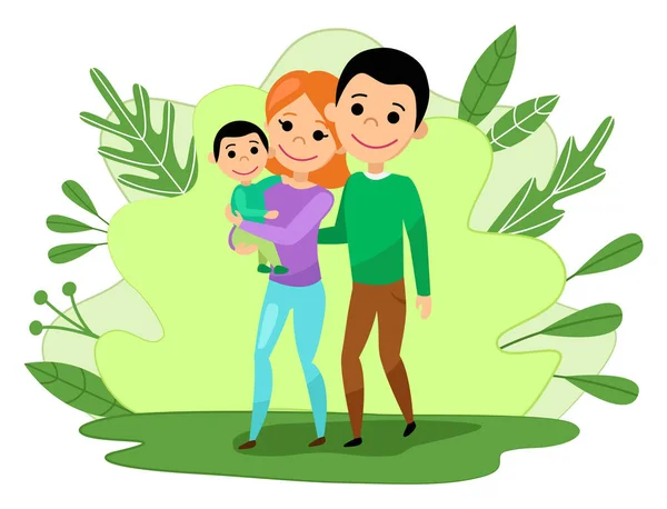 快乐的一家人在夏天的公园散步 爸爸和妈妈抱着他们的儿子走过绿色的草坪 卡通风格 矢量说明 — 图库矢量图片