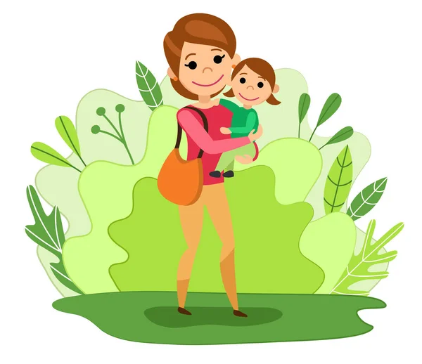 Madre Con Una Hijita Brazos Caminando Por Parque Familia Feliz — Vector de stock