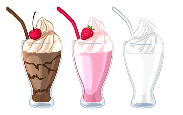 Farklı türde milkshake. Süt, çikolata, çilekli kokteyl. Beyaz bir arka planda izole edilmiş. Çizgi film tarzı. Vektör illüstrasyonu.