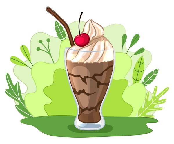 Milkshake Cioccolato Decorato Con Ciliegia Panna Montata Cocktail Sfondo Verde — Vettoriale Stock