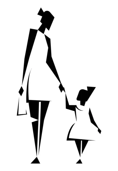 母亲和女儿穿着相同的白色衣服和发型 妈妈和女儿牵着手走路 白色背景上孤立的黑色轮廓 矢量说明 — 图库矢量图片