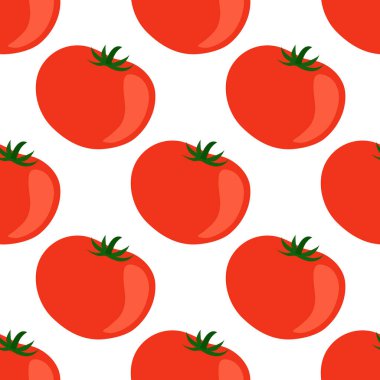 Beyaz arka planda parlak kırmızı domatesler. Kusursuz sebze deseni. Vektör illüstrasyonu.