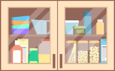 Mutfak rafında mutfak gereçleri ve mutfak gereçleri var. Düz dizayn. Vektör illüstrasyonu.