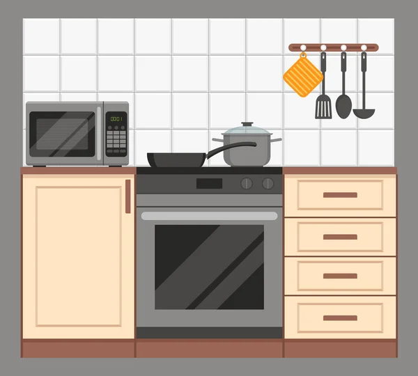 Kücheneinrichtung Küchenschränke Backofen Mikrowelle Und Geschirr Flaches Design Vektorillustration — Stockvektor