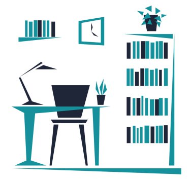 Ofisteki işyerinde. Masa, kitaplık. Basit geometrik şekillerin soyut düz tasarımı. Vektör illüstrasyonu.