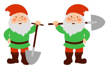 Kürekli sevimli bahçe cüceleri. Beyaz bir arka planda izole edilmiş. Vektör illüstrasyonu.