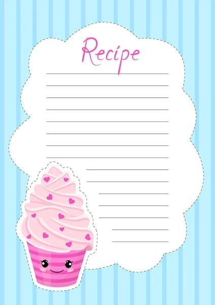 Banner Recipe Note Decorated Cute Cupcake Face Style Kawaii Vector — Stock Vector