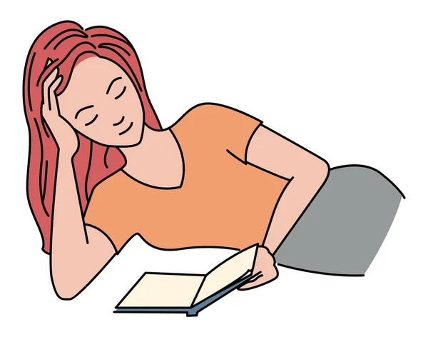 女は横になって本を読む 白い背景に隔離されている ブラック アウトライン ベクターイラスト — ストックベクタ