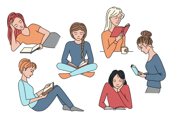Set Donne Che Leggono Pose Diverse Gli Studenti Studiano Letteratura — Vettoriale Stock