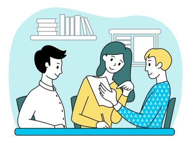 Takım çalışması konsepti. Ofisteki insanlar. İş fikirleri ve planlama tartışması. Siyah özet. Vektör illüstrasyonu.