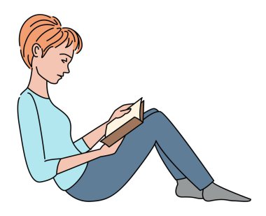 Kadın duvara yaslanıyor ve kitap okuyor. Beyaz arka planda izole edilmiş. Siyah özet. Vektör illüstrasyonu.