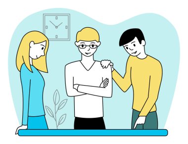 Takım çalışması konsepti. İnsanlar masaya oturur ve iş stratejisi, planlama ve iş meselelerini tartışırlar. Vektör illüstrasyonu.