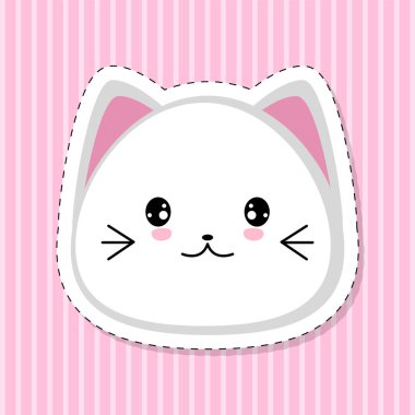 Beyaz bir kedi yavrusunun sevimli çizgi film yüzü. Pembe arka planda kedi etiketi. Vektör illüstrasyonu.