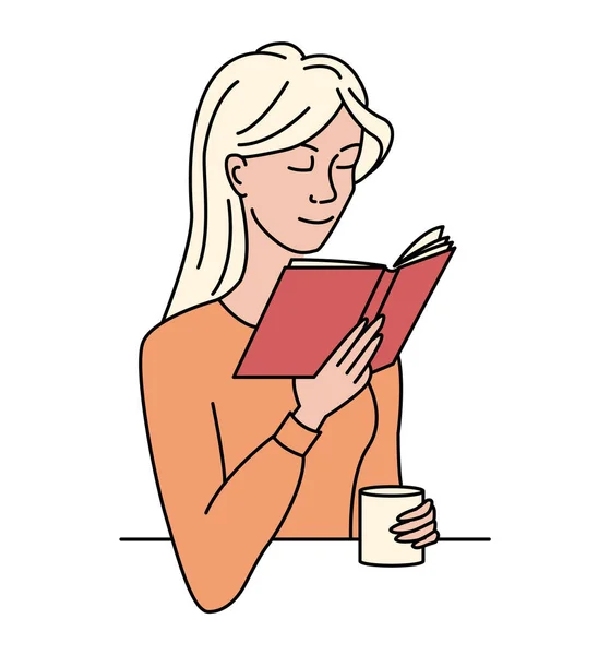 Mujer Está Sentada Una Mesa Leyendo Libro Bebiendo Café Estudiante — Archivo Imágenes Vectoriales